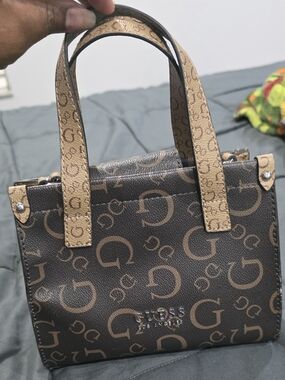 GUESS Monogram Mini Tote in Brown/Tan